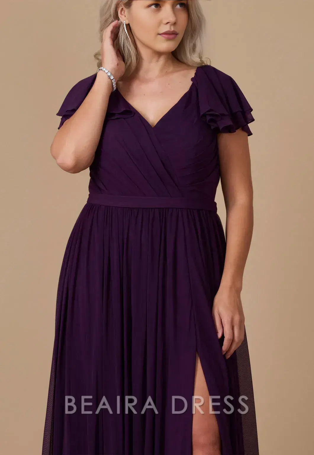 Elegant Plus Size Ruffled Sleeve V - Neck Chiffon Maxi Dress with Slit Prom Dress