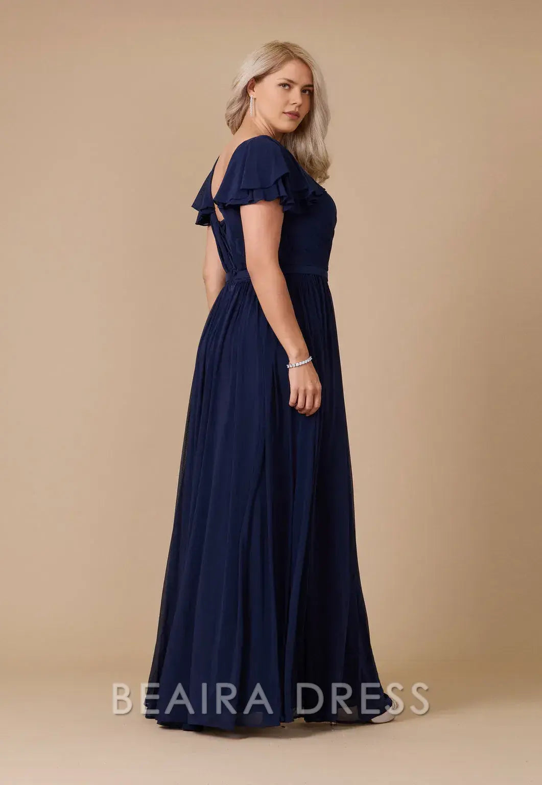 Elegant Plus Size Ruffled Sleeve V - Neck Chiffon Maxi Dress with Slit Prom Dress