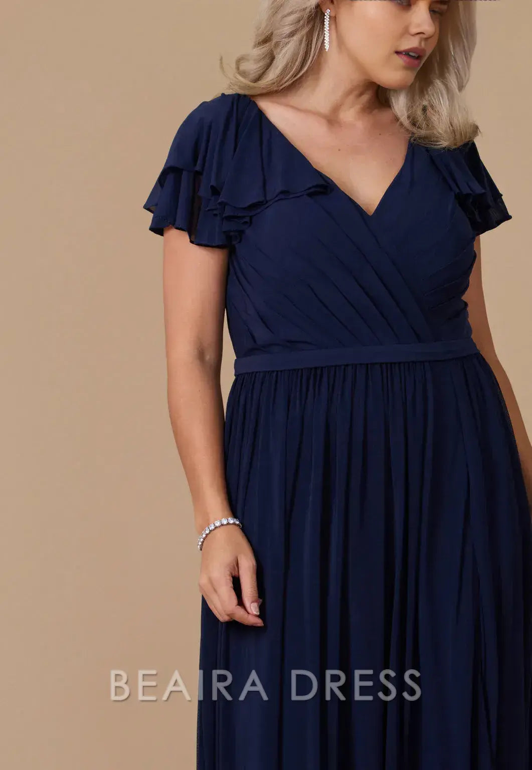 Elegant Plus Size Ruffled Sleeve V - Neck Chiffon Maxi Dress with Slit Prom Dress