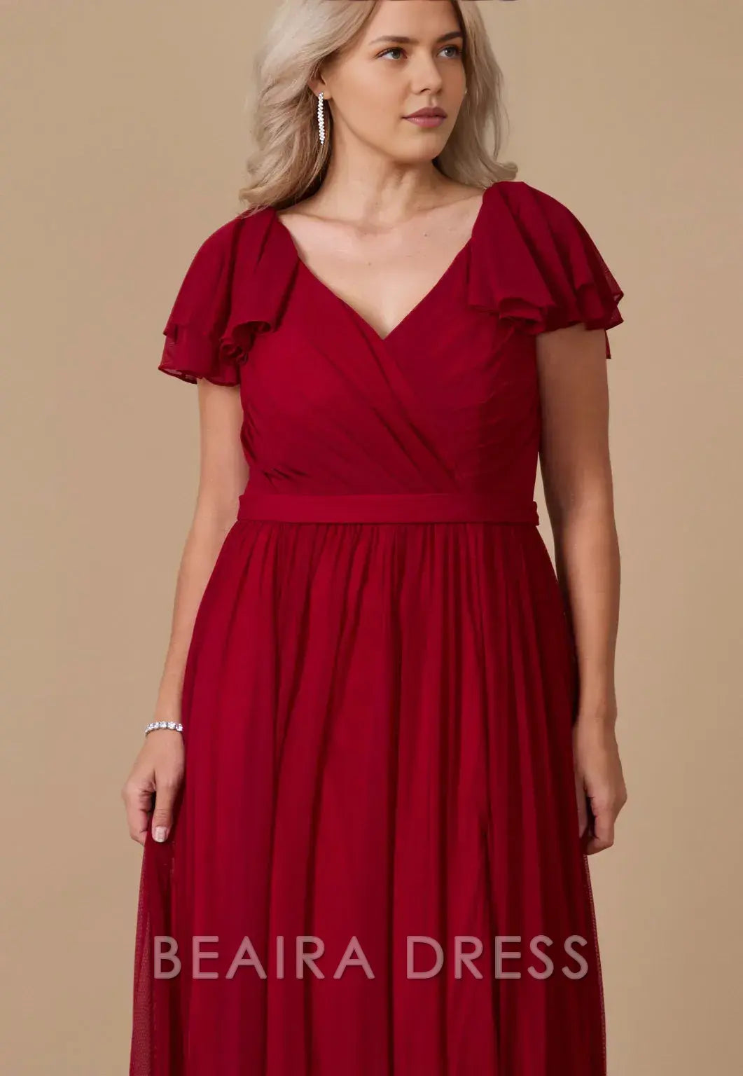 Elegant Plus Size Ruffled Sleeve V - Neck Chiffon Maxi Dress with Slit Prom Dress