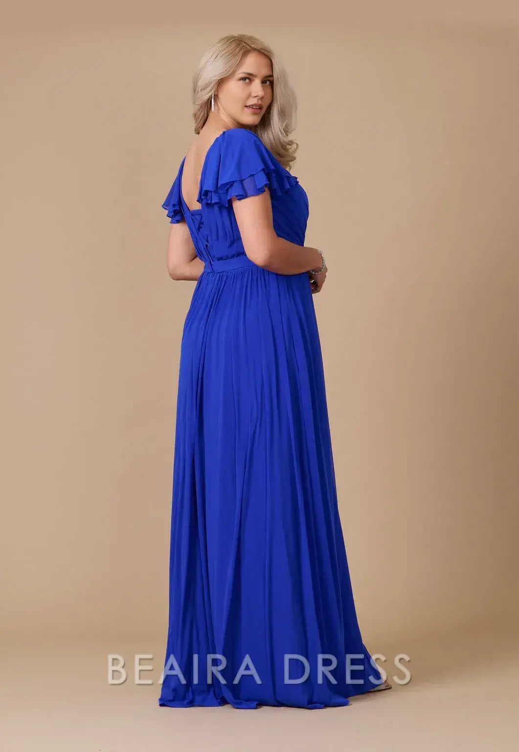 Elegant Plus Size Ruffled Sleeve V - Neck Chiffon Maxi Dress with Slit Prom Dress