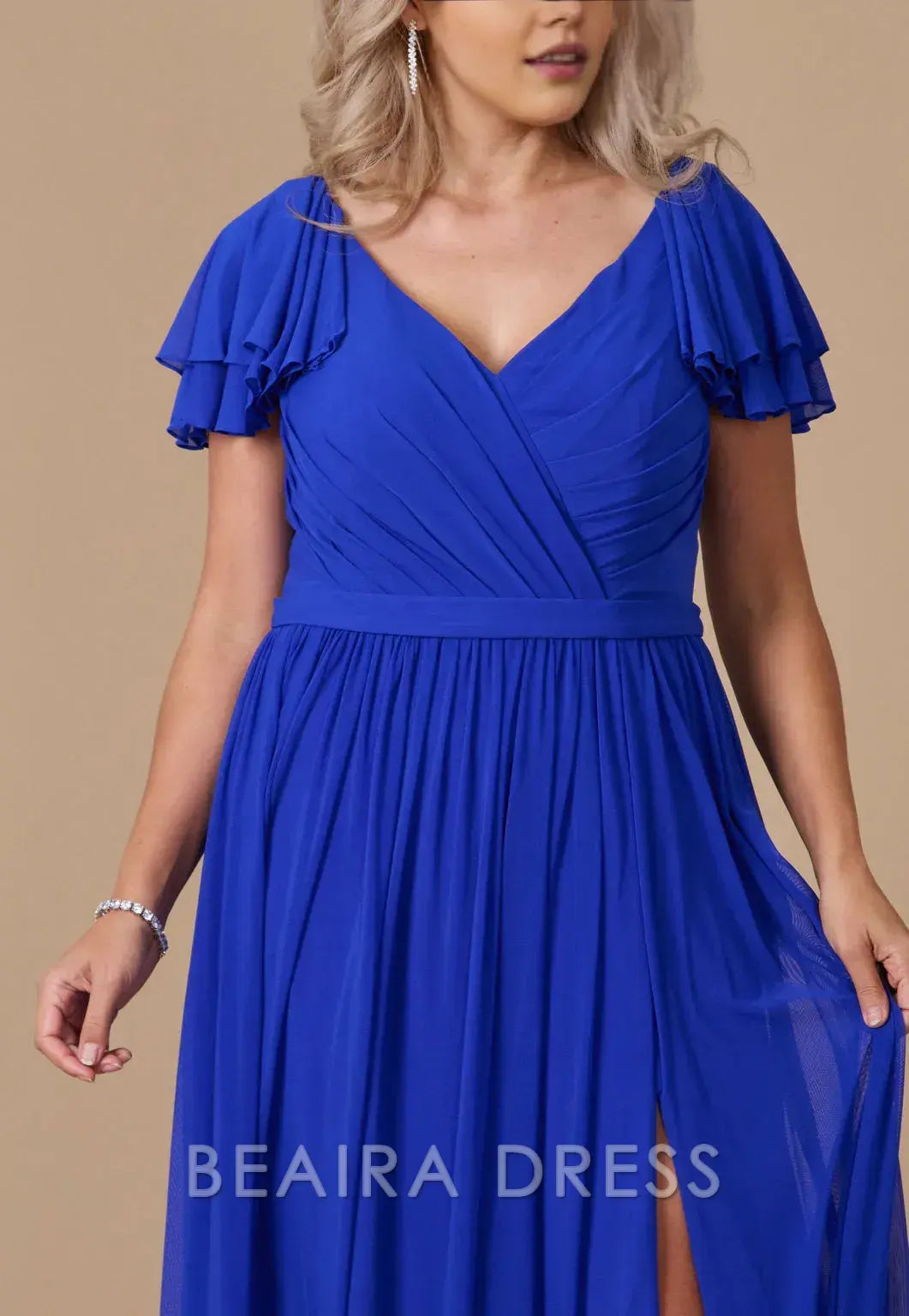 Elegant Plus Size Ruffled Sleeve V - Neck Chiffon Maxi Dress with Slit Prom Dress