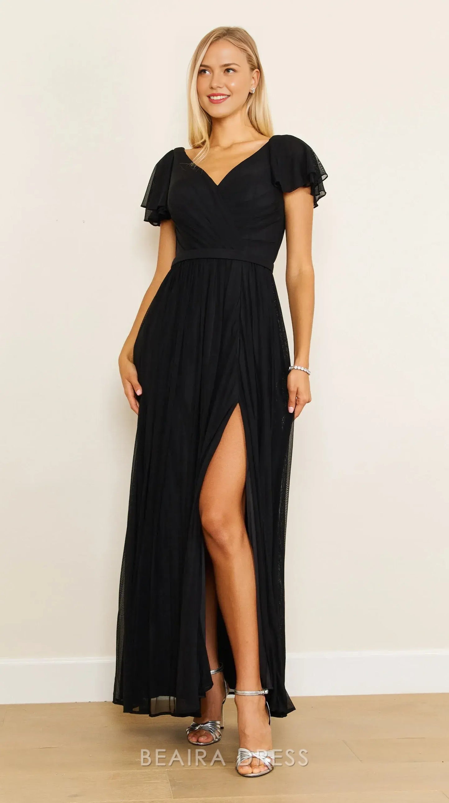 Elegant Plus Size Ruffled Sleeve V - Neck Chiffon Maxi Dress with Slit Prom Dress