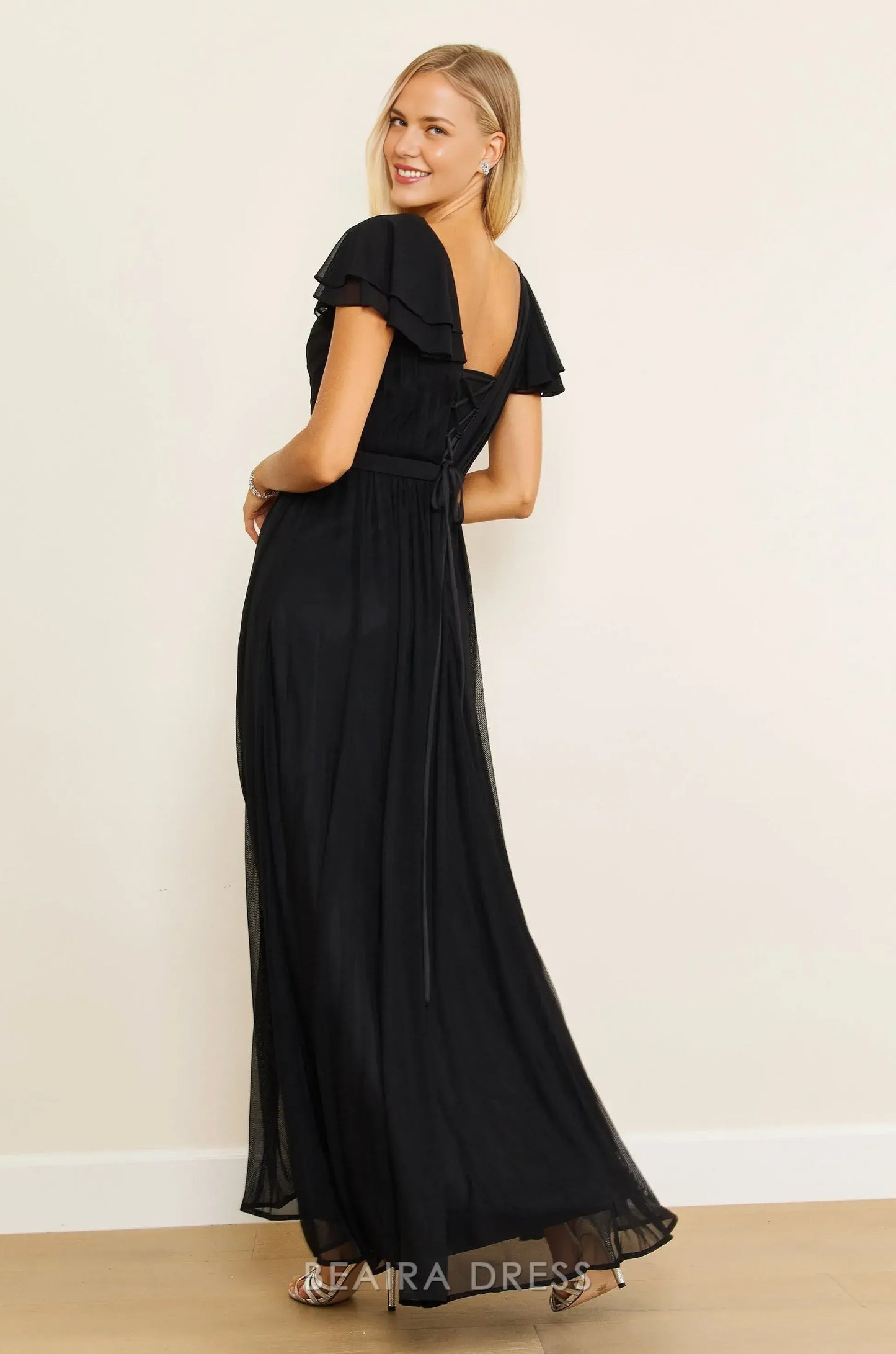 Elegant Plus Size Ruffled Sleeve V - Neck Chiffon Maxi Dress with Slit Prom Dress