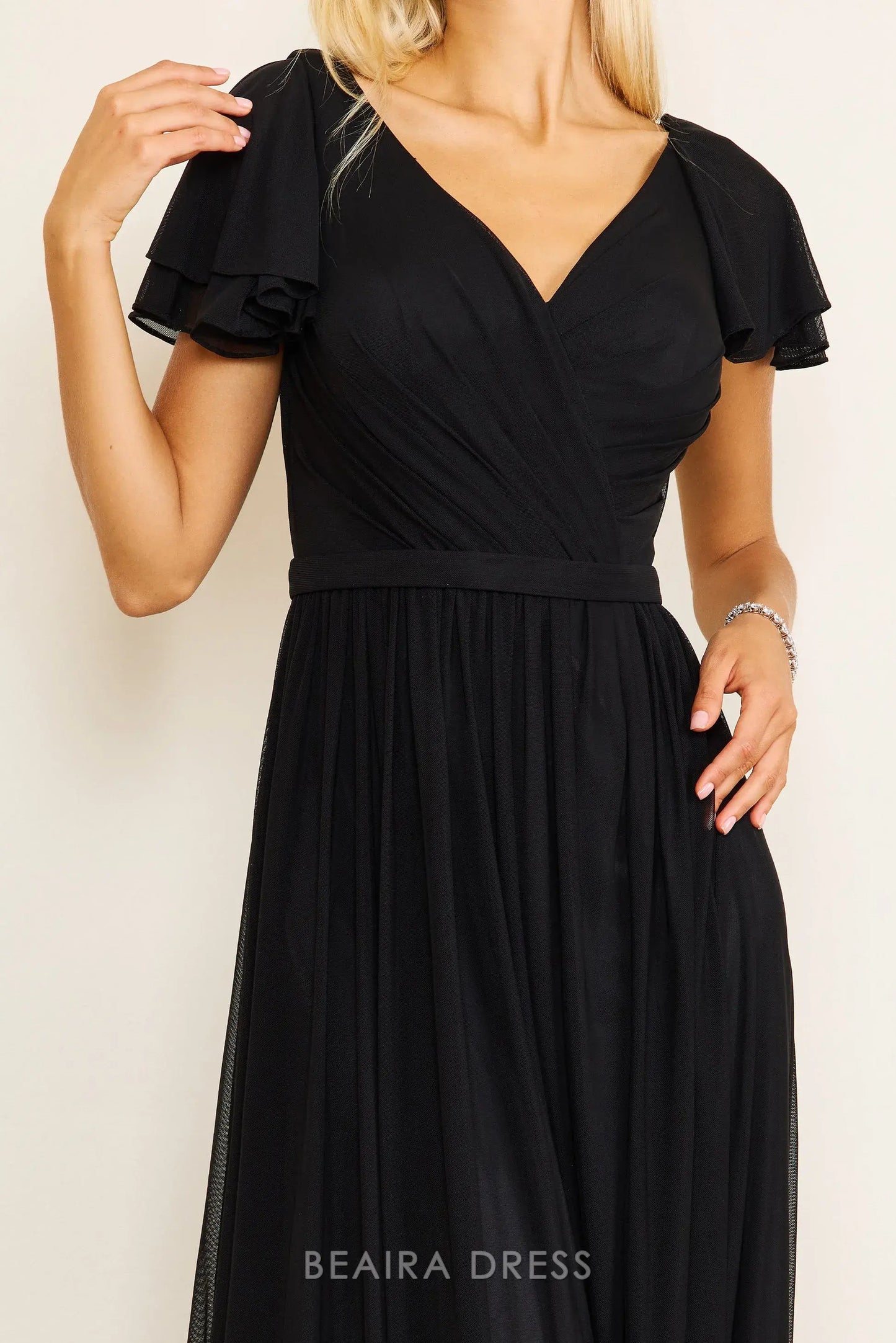 Elegant Plus Size Ruffled Sleeve V - Neck Chiffon Maxi Dress with Slit Prom Dress