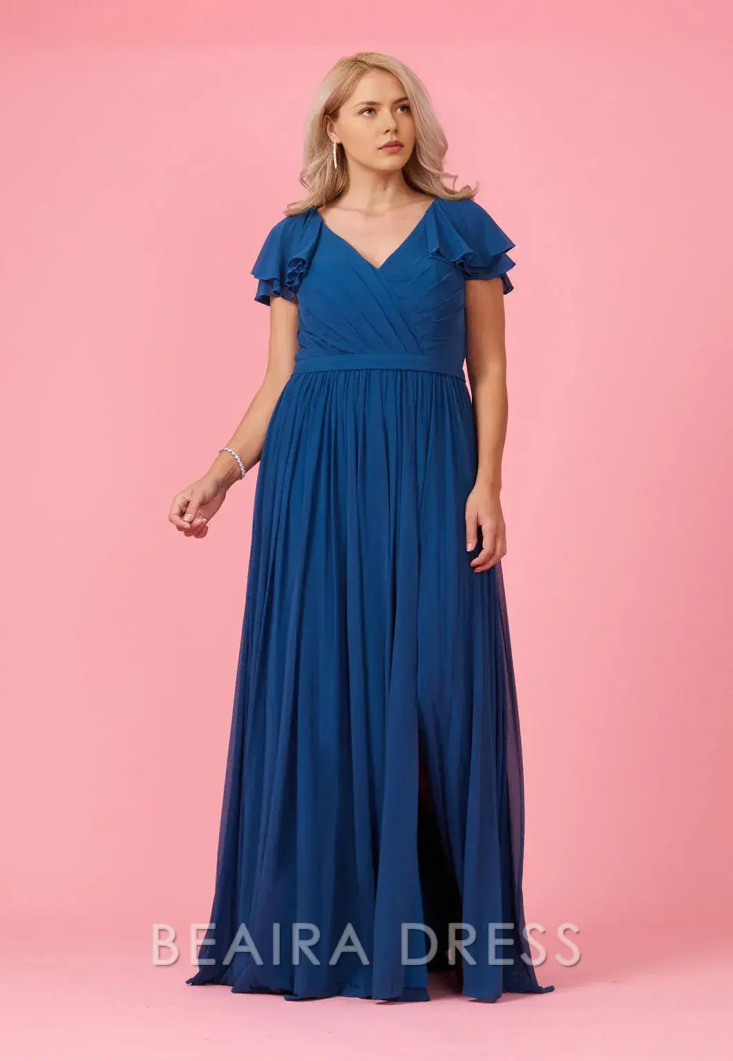 Elegant Plus Size Ruffled Sleeve V - Neck Chiffon Maxi Dress with Slit Prom Dress