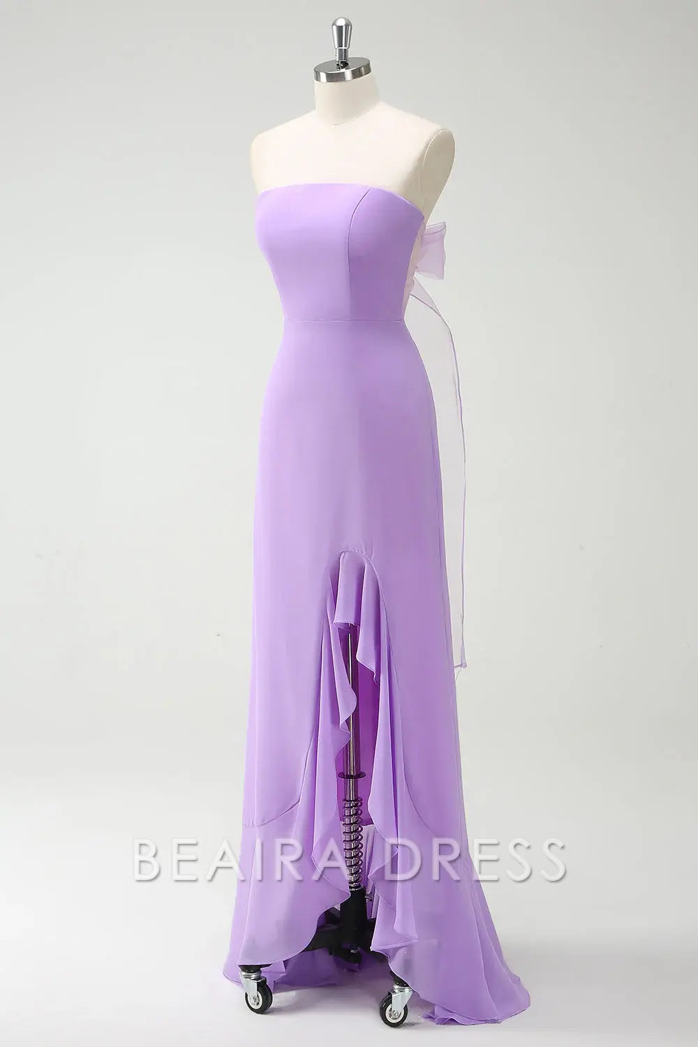 Beaira Elegant Purple A-Line Strapless Lace Up Back Ruffled Long Bridesmaid Dress with Ruffled Slit