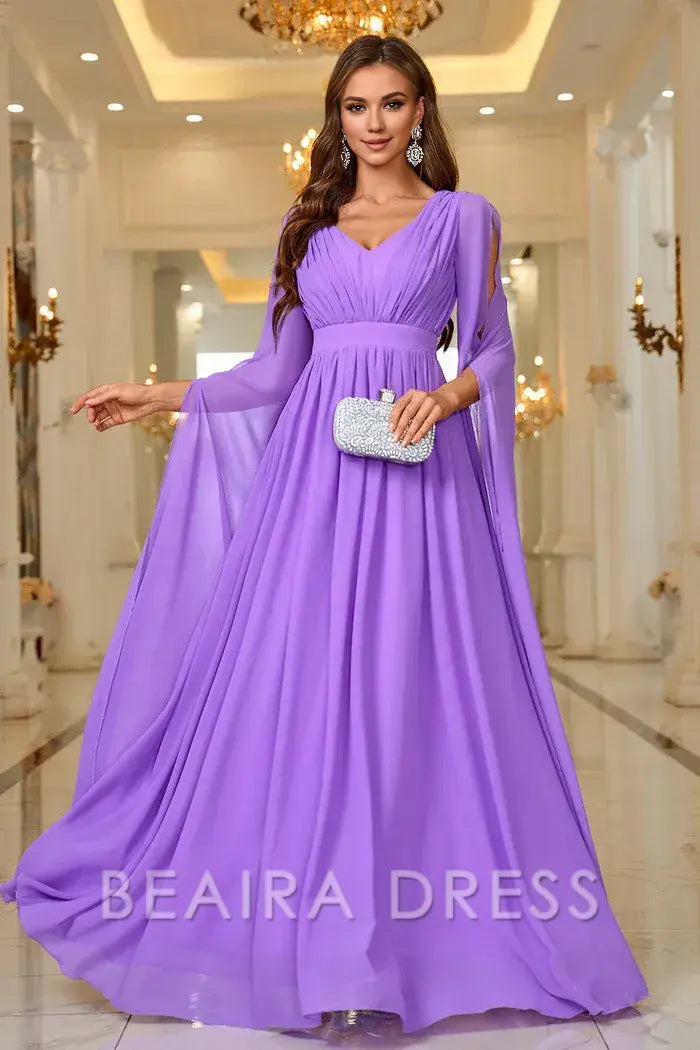 Beaira Elegant Purple A Line V Neck Long Sleeves Chiffon Prom Dress - Purple