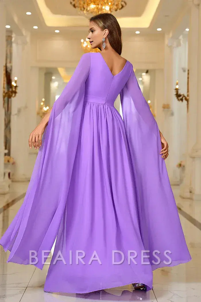 Beaira Elegant Purple A Line V Neck Long Sleeves Chiffon Prom Dress - Purple