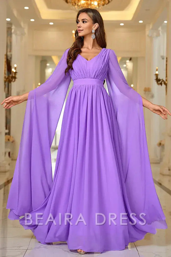 Beaira Elegant Purple A Line V Neck Long Sleeves Chiffon Prom Dress - Purple
