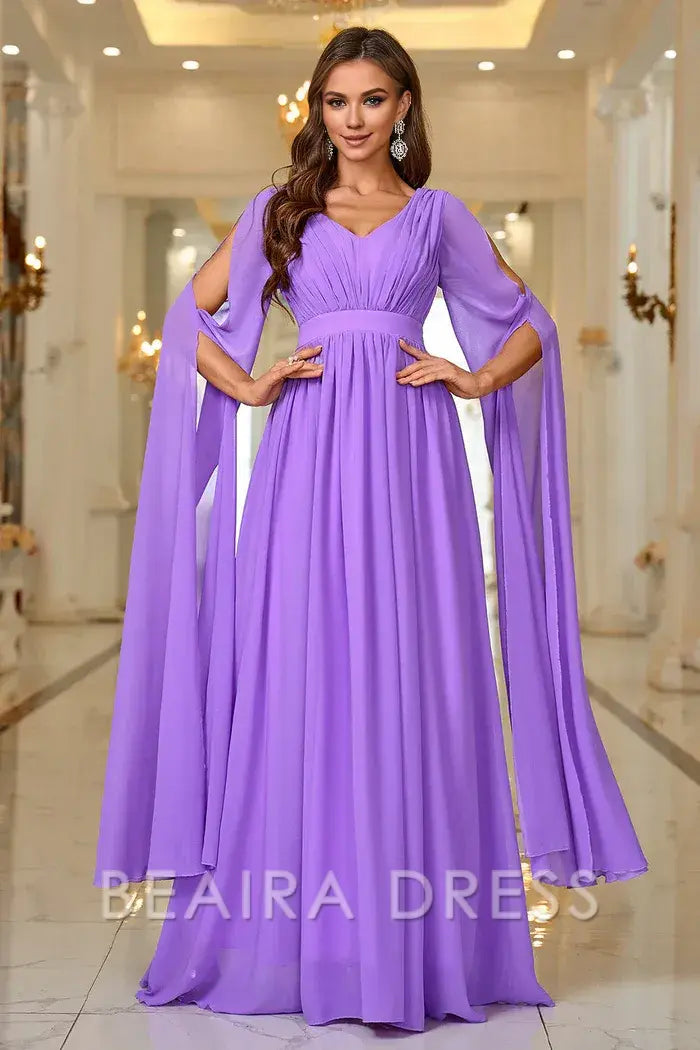 Beaira Elegant Purple A Line V Neck Long Sleeves Chiffon Prom Dress - Purple