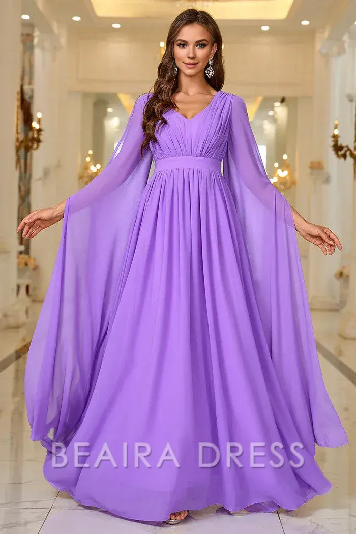 Beaira Elegant Purple A Line V Neck Long Sleeves Chiffon Prom Dress - Purple