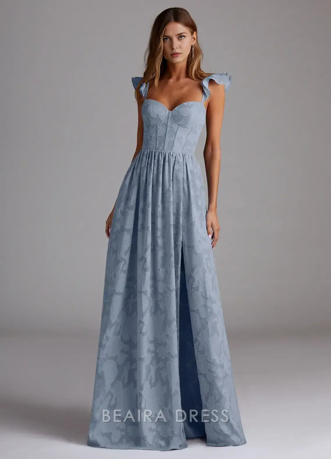 Elegant Ruffled Strap Sweetheart Neckline Maxi Dress with Side Slit Prom Dress
