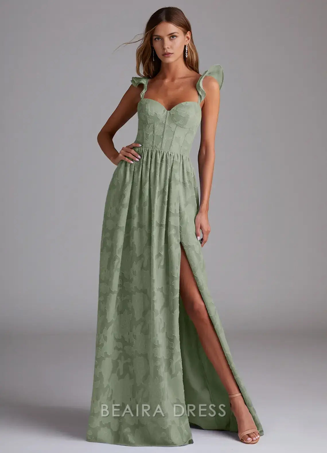 Elegant Ruffled Strap Sweetheart Neckline Maxi Dress with Side Slit Prom Dress
