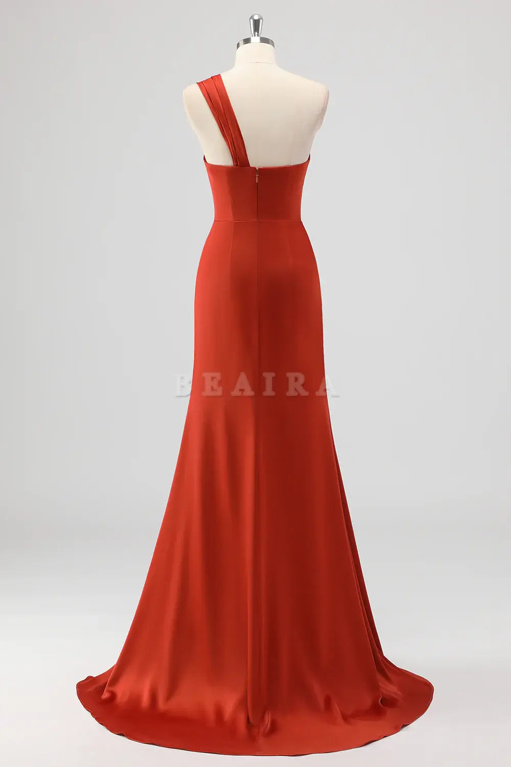 Beaira Elegant Rust Mermaid One Shoulder Ruched Satin Long Bridesmaid Dress with Slit