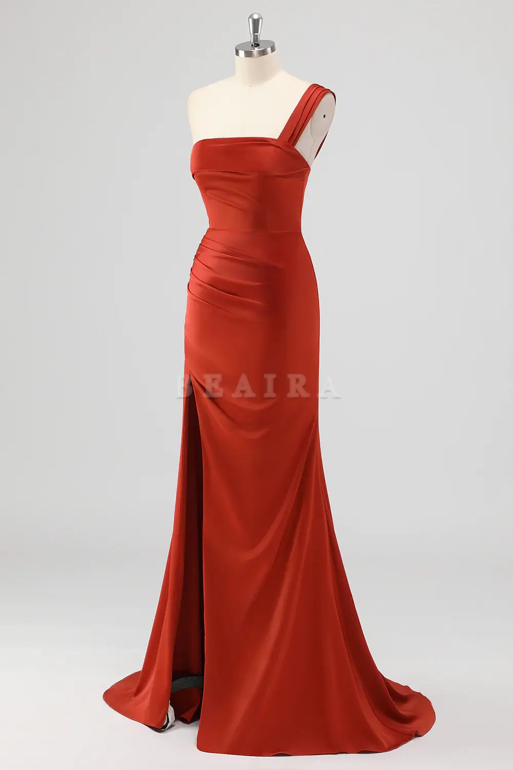 Beaira Elegant Rust Mermaid One Shoulder Ruched Satin Long Bridesmaid Dress with Slit
