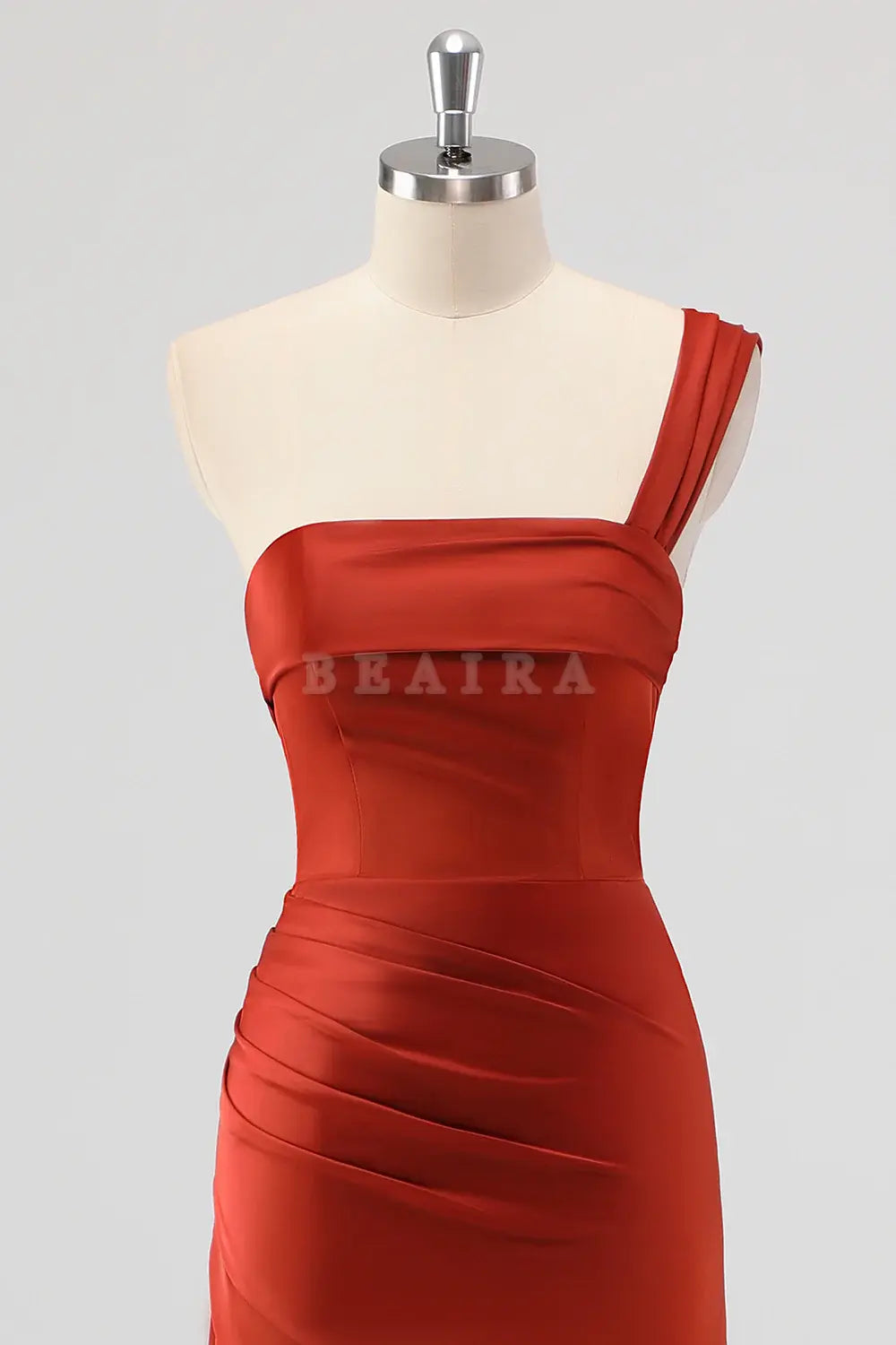 Beaira Elegant Rust Mermaid One Shoulder Ruched Satin Long Bridesmaid Dress with Slit