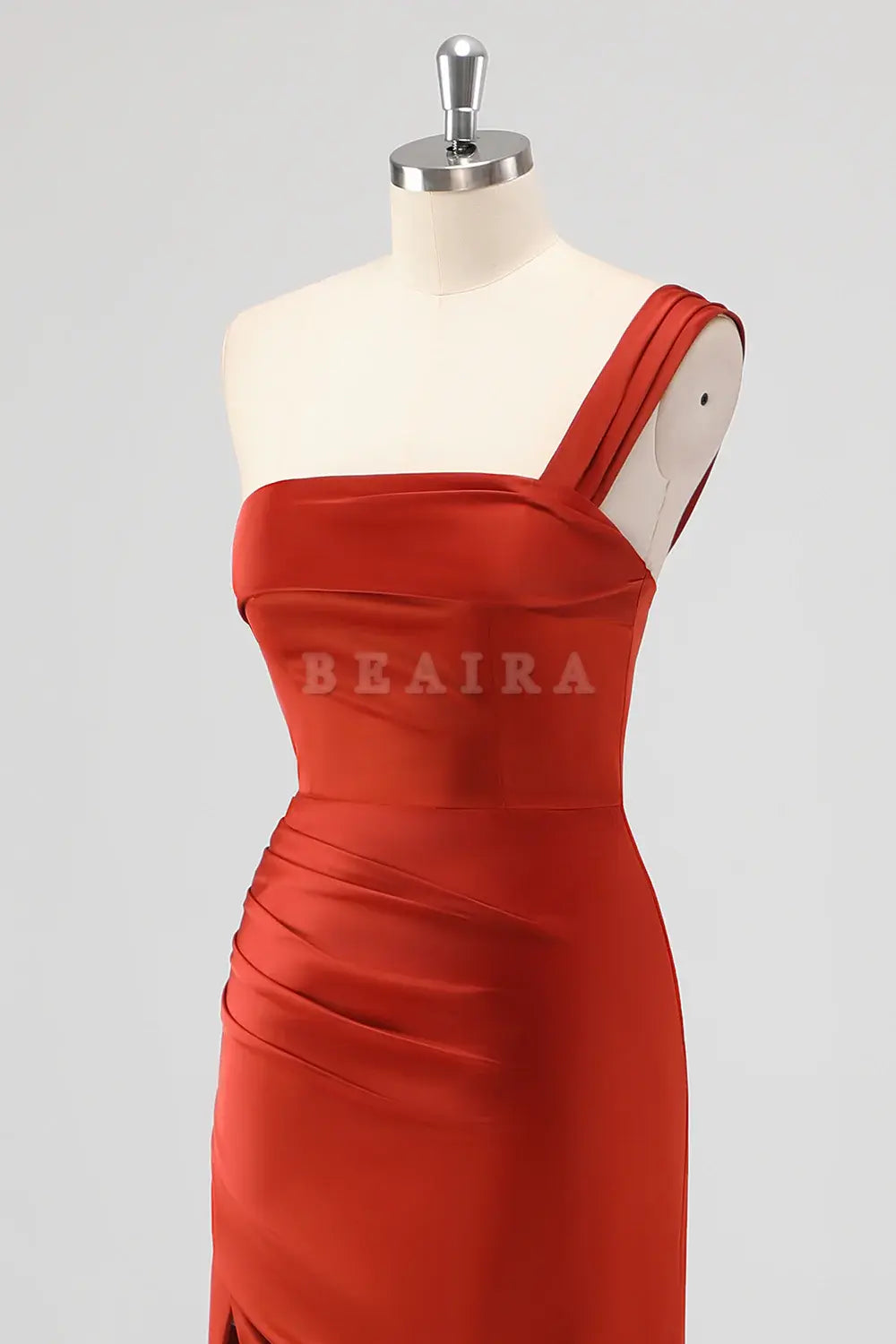 Beaira Elegant Rust Mermaid One Shoulder Ruched Satin Long Bridesmaid Dress with Slit