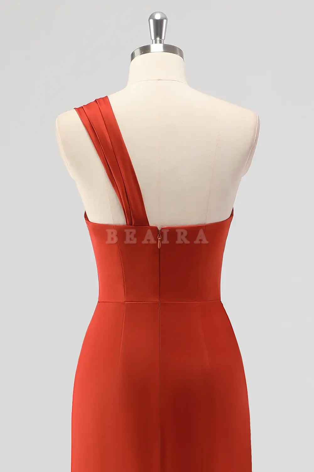 Beaira Elegant Rust Mermaid One Shoulder Ruched Satin Long Bridesmaid Dress with Slit
