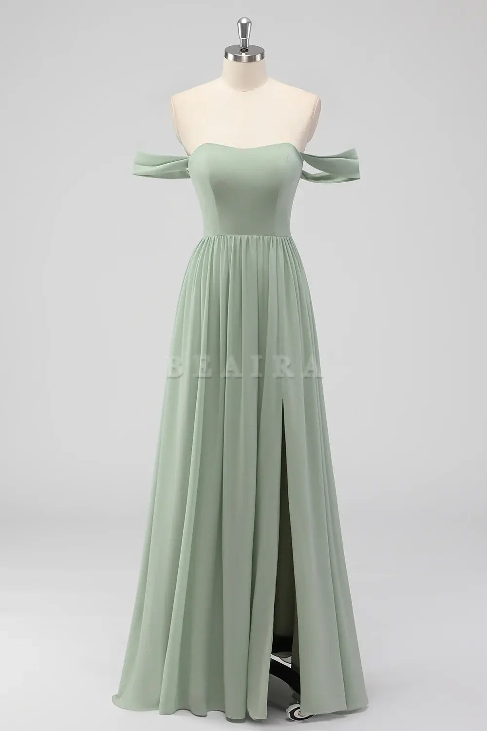 Beaira Elegant Sage Green A-Line Off The Shoulder Ruched Chiffon Long Bridesmaid Dress with Slit