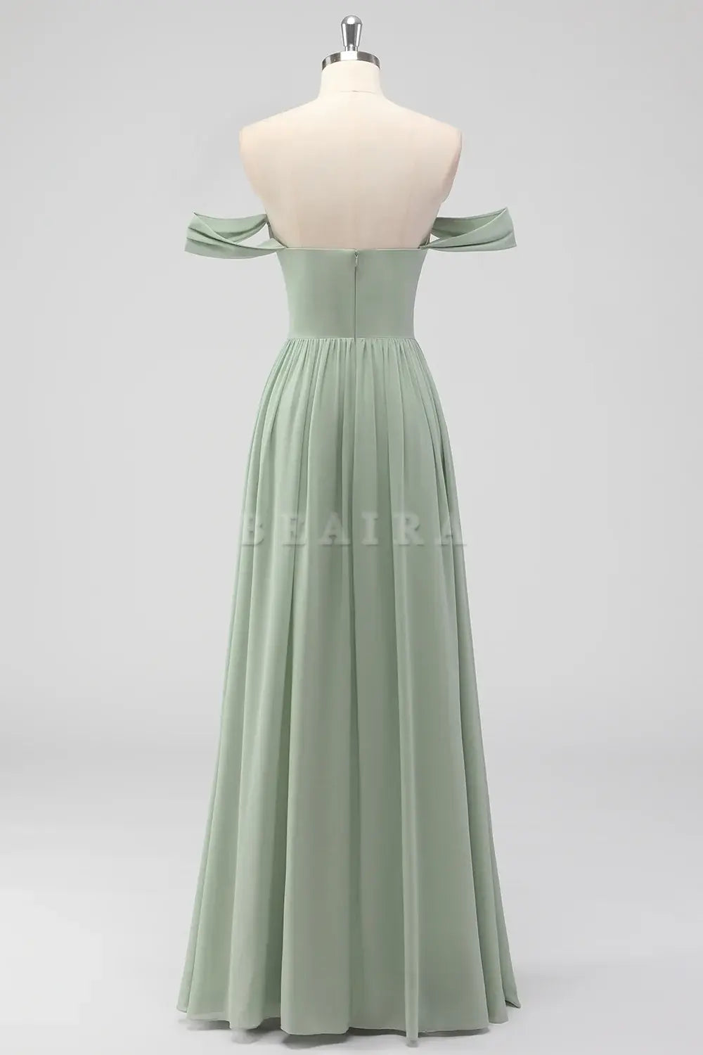 Beaira Elegant Sage Green A-Line Off The Shoulder Ruched Chiffon Long Bridesmaid Dress with Slit