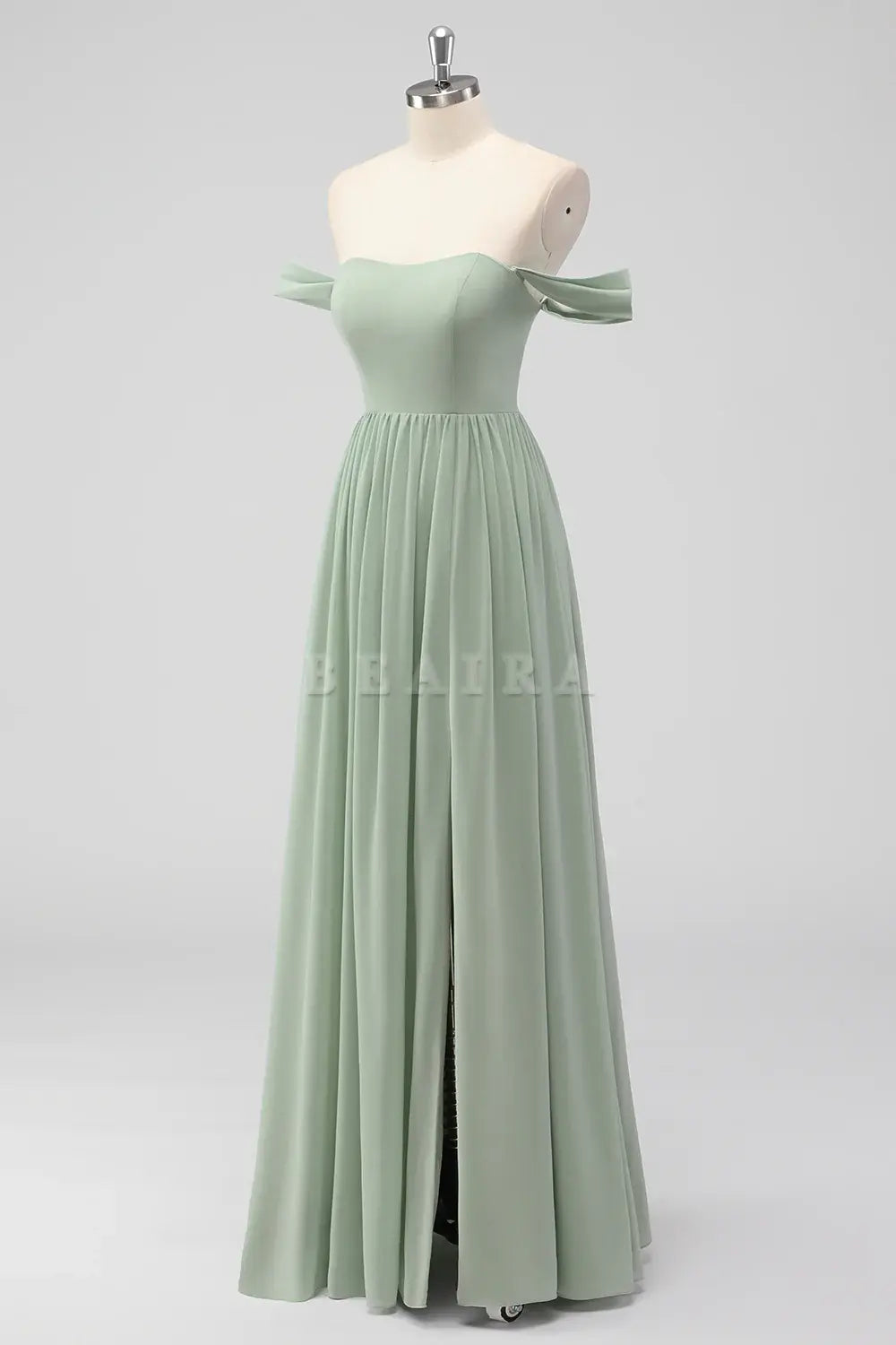 Beaira Elegant Sage Green A-Line Off The Shoulder Ruched Chiffon Long Bridesmaid Dress with Slit