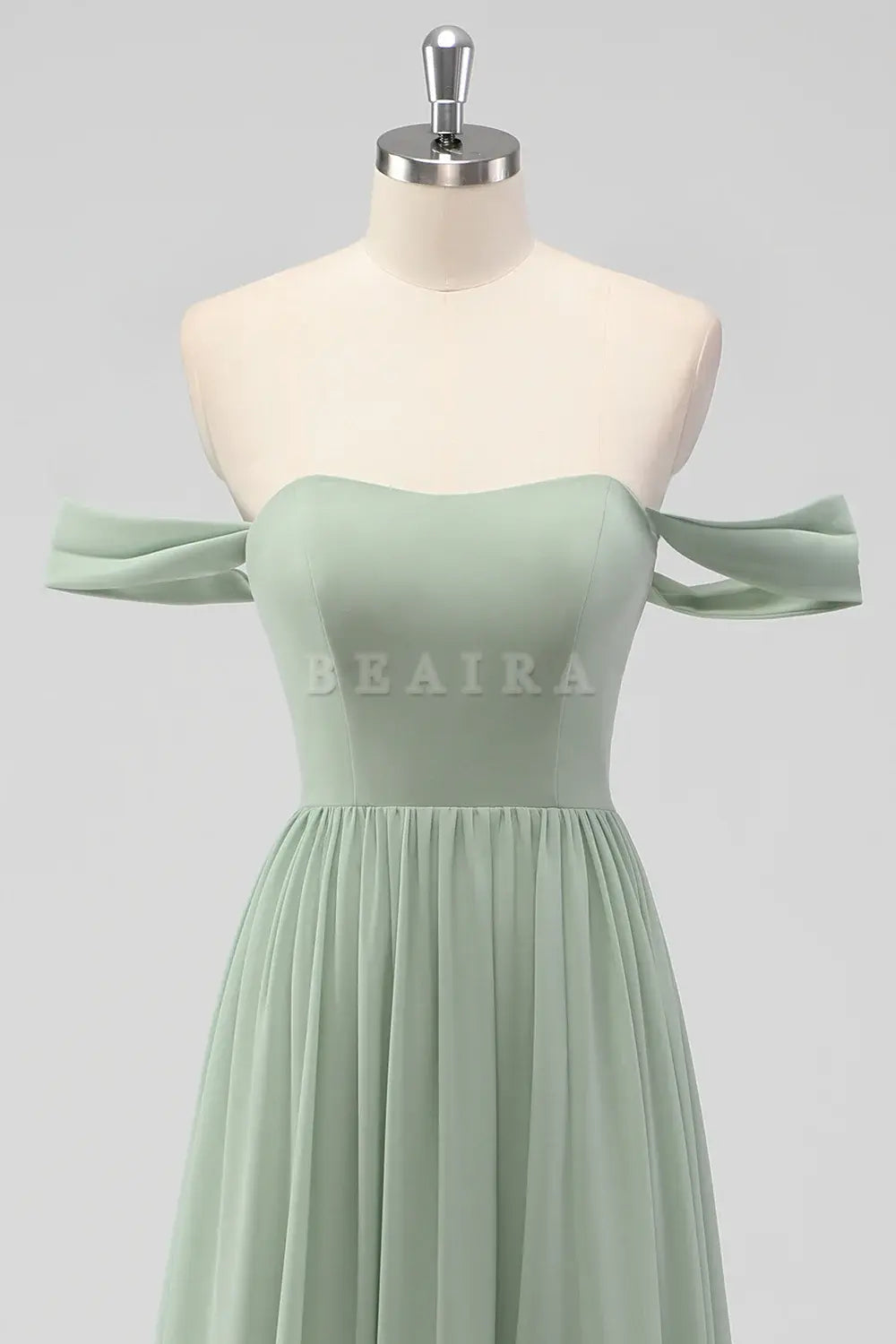 Beaira Elegant Sage Green A-Line Off The Shoulder Ruched Chiffon Long Bridesmaid Dress with Slit