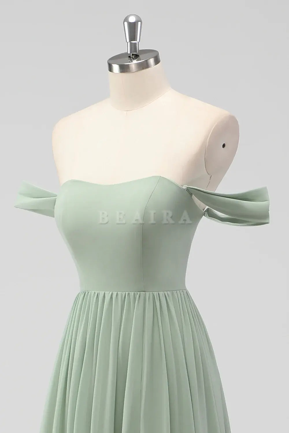 Beaira Elegant Sage Green A-Line Off The Shoulder Ruched Chiffon Long Bridesmaid Dress with Slit
