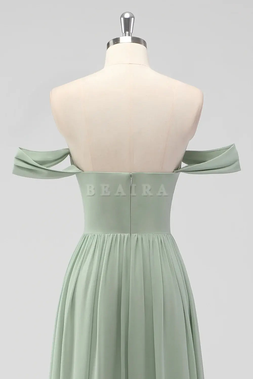 Beaira Elegant Sage Green A-Line Off The Shoulder Ruched Chiffon Long Bridesmaid Dress with Slit