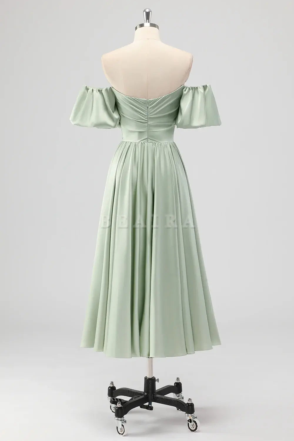 Beaira Elegant Sage Green A Line Off The Shoulder Ruched Tea-Length Satin Bridesmaid Dress