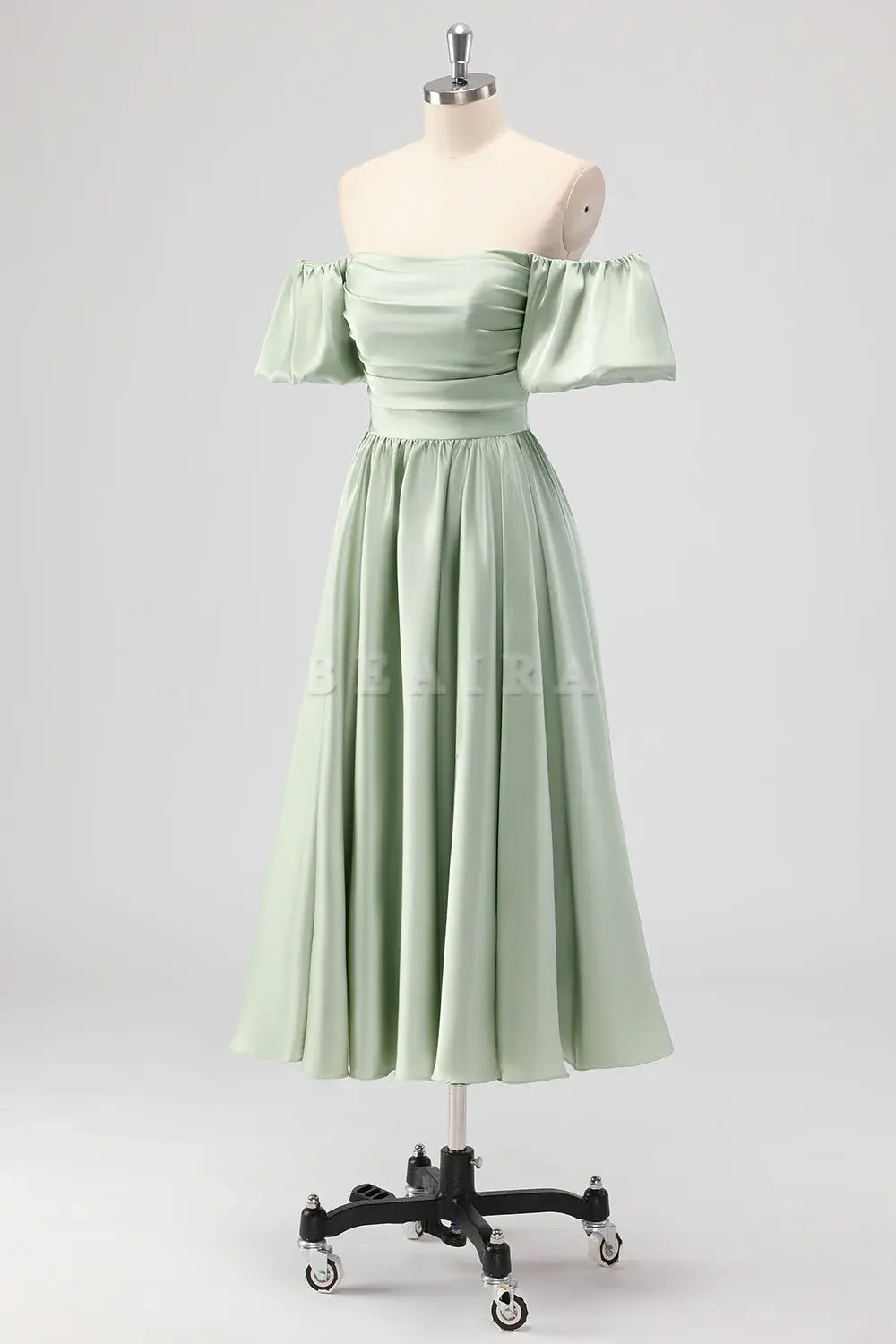 Beaira Elegant Sage Green A Line Off The Shoulder Ruched Tea-Length Satin Bridesmaid Dress