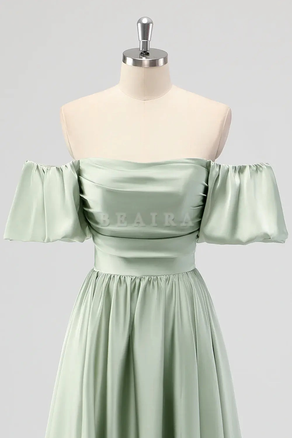 Beaira Elegant Sage Green A Line Off The Shoulder Ruched Tea-Length Satin Bridesmaid Dress