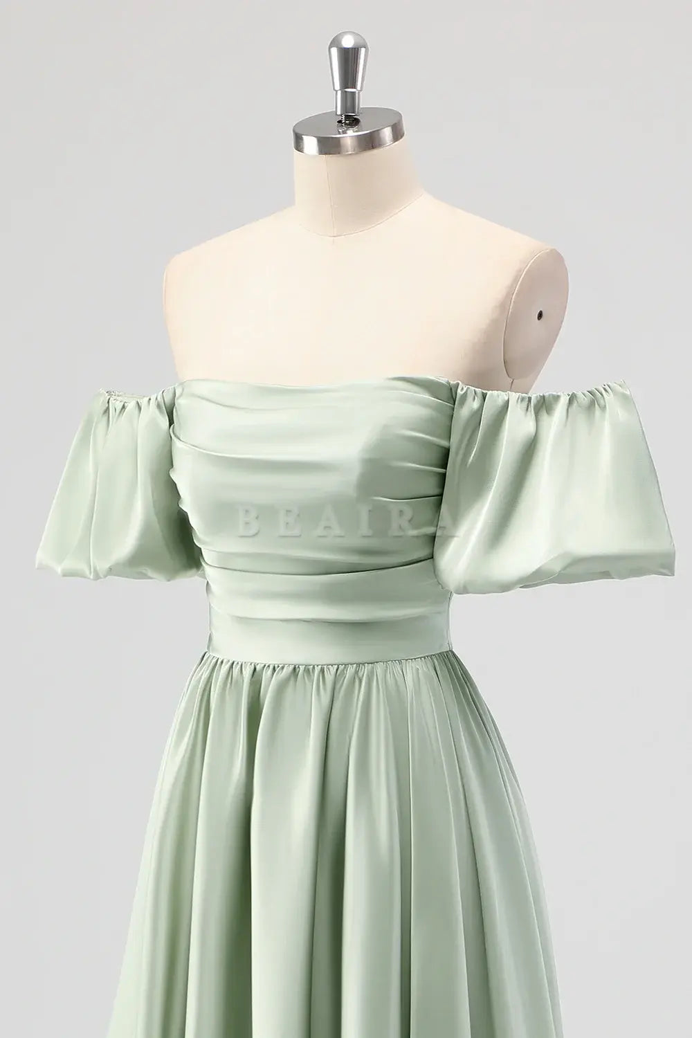 Beaira Elegant Sage Green A Line Off The Shoulder Ruched Tea-Length Satin Bridesmaid Dress