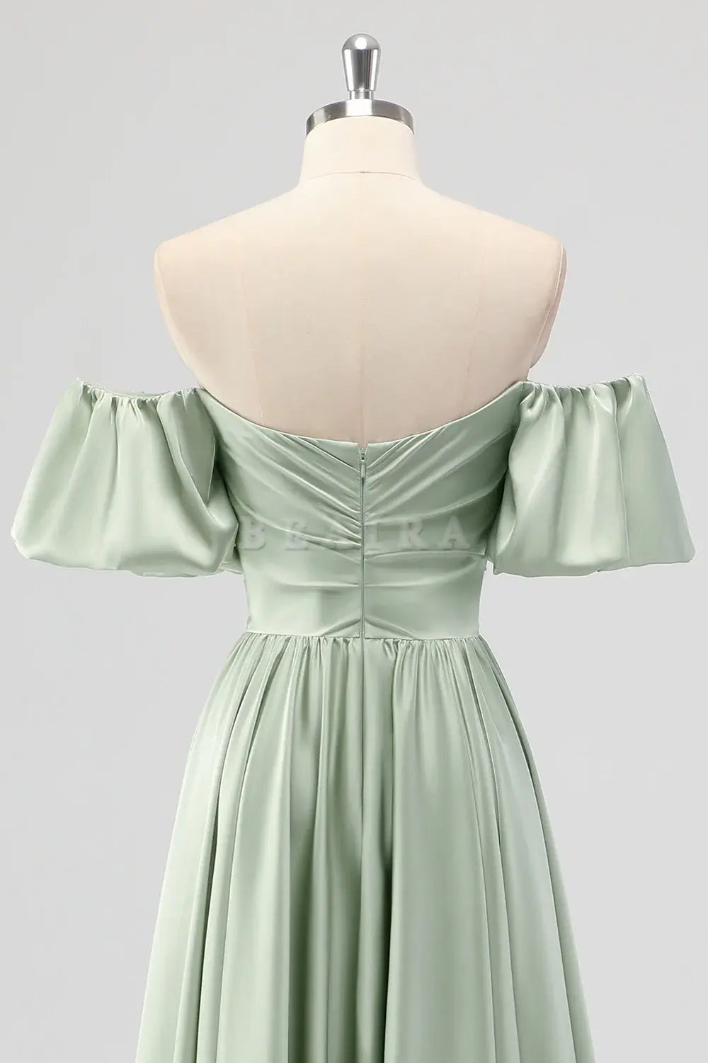 Beaira Elegant Sage Green A Line Off The Shoulder Ruched Tea-Length Satin Bridesmaid Dress