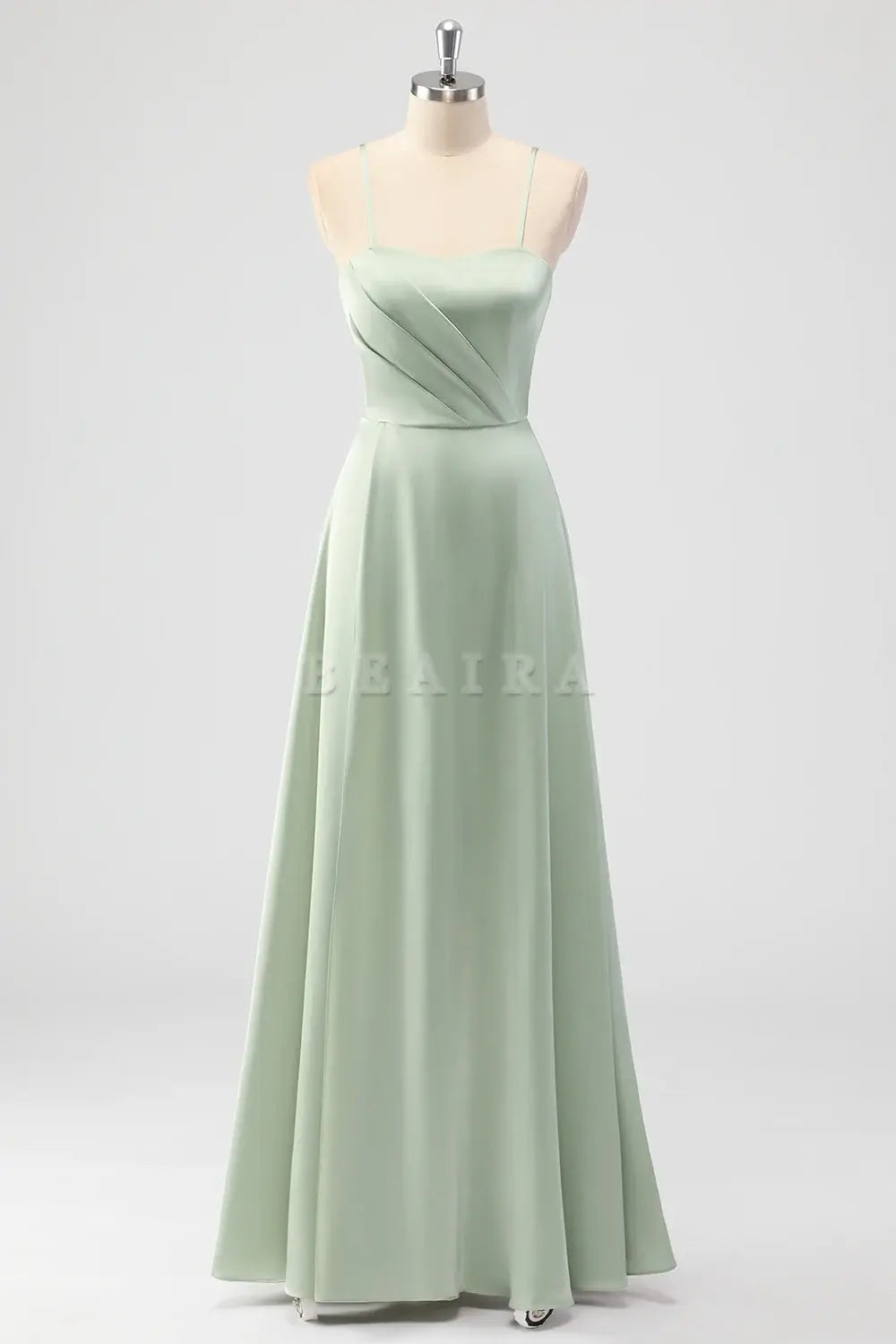 Beaira Elegant Sage Green A Line Spaghetti Straps Pleated Satin Long Bridesmaid Dress