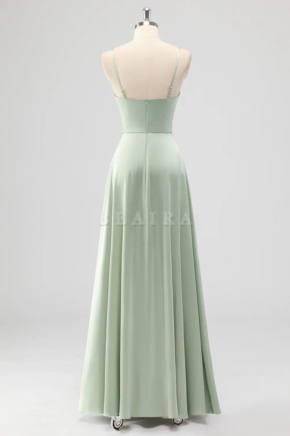 Beaira Elegant Sage Green A Line Spaghetti Straps Pleated Satin Long Bridesmaid Dress