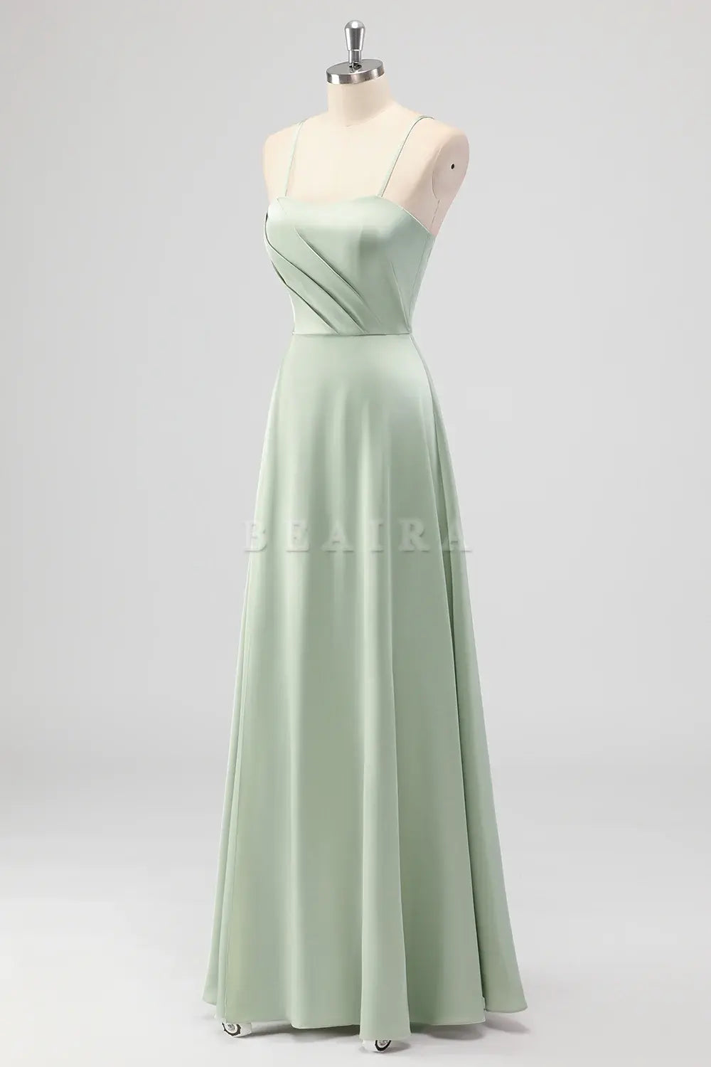 Beaira Elegant Sage Green A Line Spaghetti Straps Pleated Satin Long Bridesmaid Dress