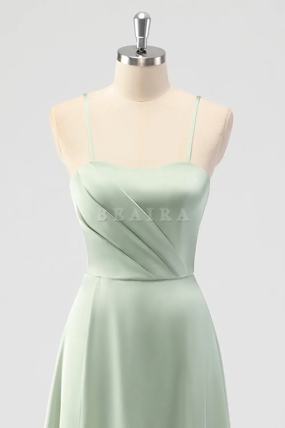 Beaira Elegant Sage Green A Line Spaghetti Straps Pleated Satin Long Bridesmaid Dress