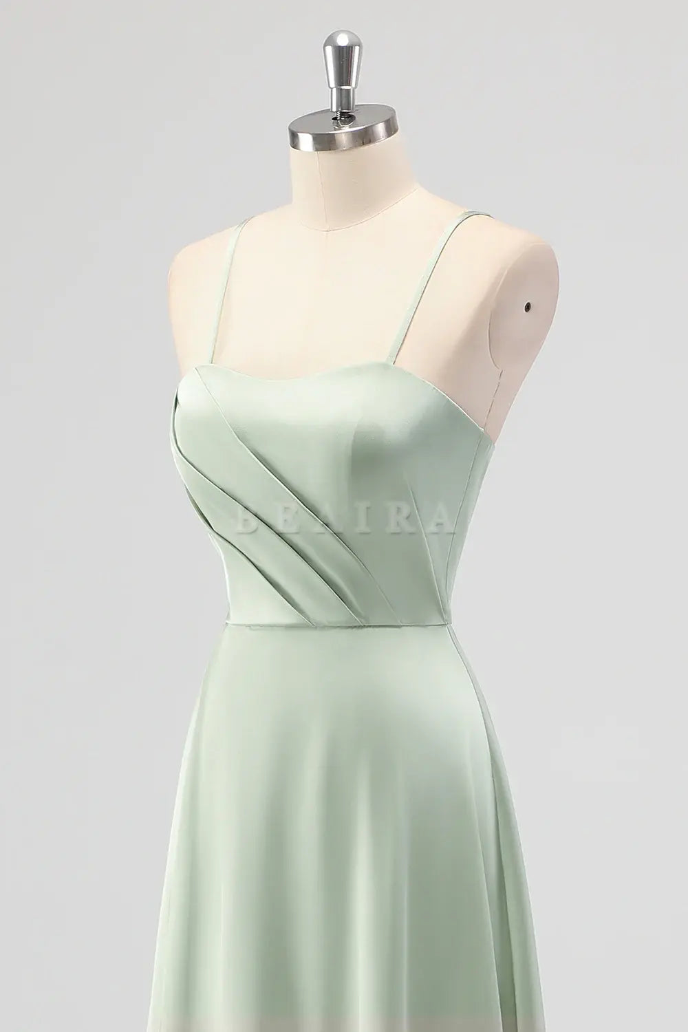 Beaira Elegant Sage Green A Line Spaghetti Straps Pleated Satin Long Bridesmaid Dress