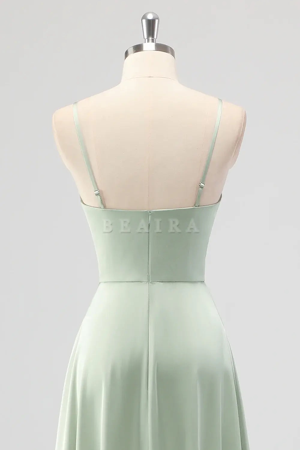 Beaira Elegant Sage Green A Line Spaghetti Straps Pleated Satin Long Bridesmaid Dress