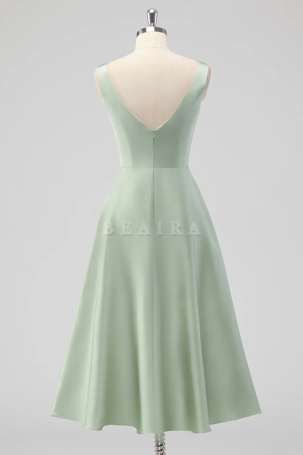 Beaira Elegant Sage Green A Line Square Neck Tea-Length Satin Bridesmaid Dress