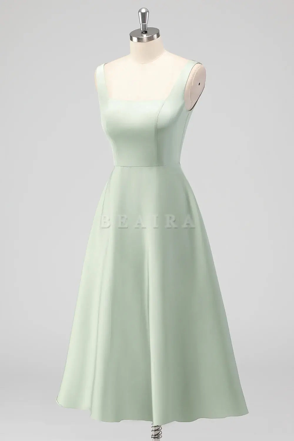 Beaira Elegant Sage Green A Line Square Neck Tea-Length Satin Bridesmaid Dress
