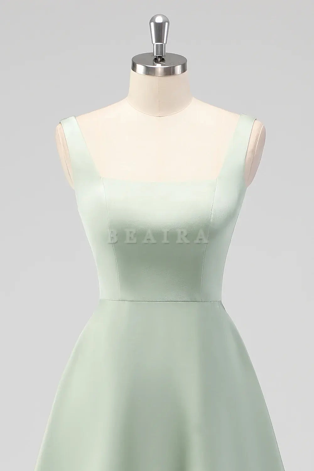Beaira Elegant Sage Green A Line Square Neck Tea-Length Satin Bridesmaid Dress
