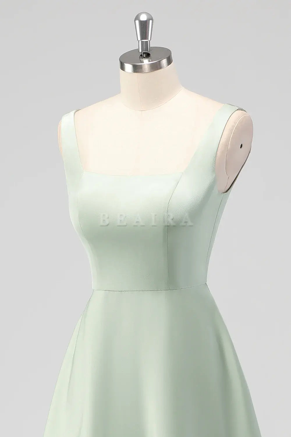 Beaira Elegant Sage Green A Line Square Neck Tea-Length Satin Bridesmaid Dress