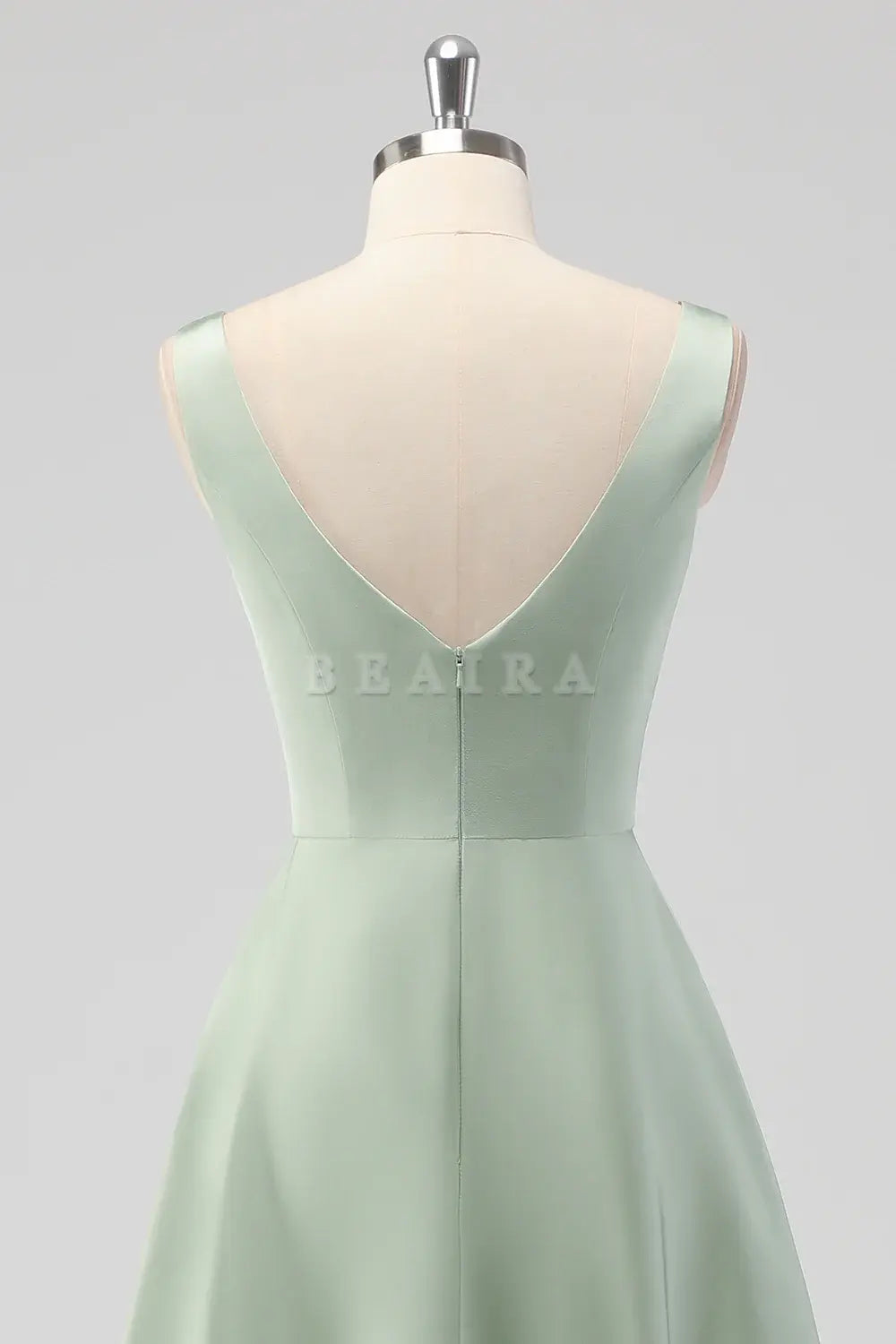 Beaira Elegant Sage Green A Line Square Neck Tea-Length Satin Bridesmaid Dress