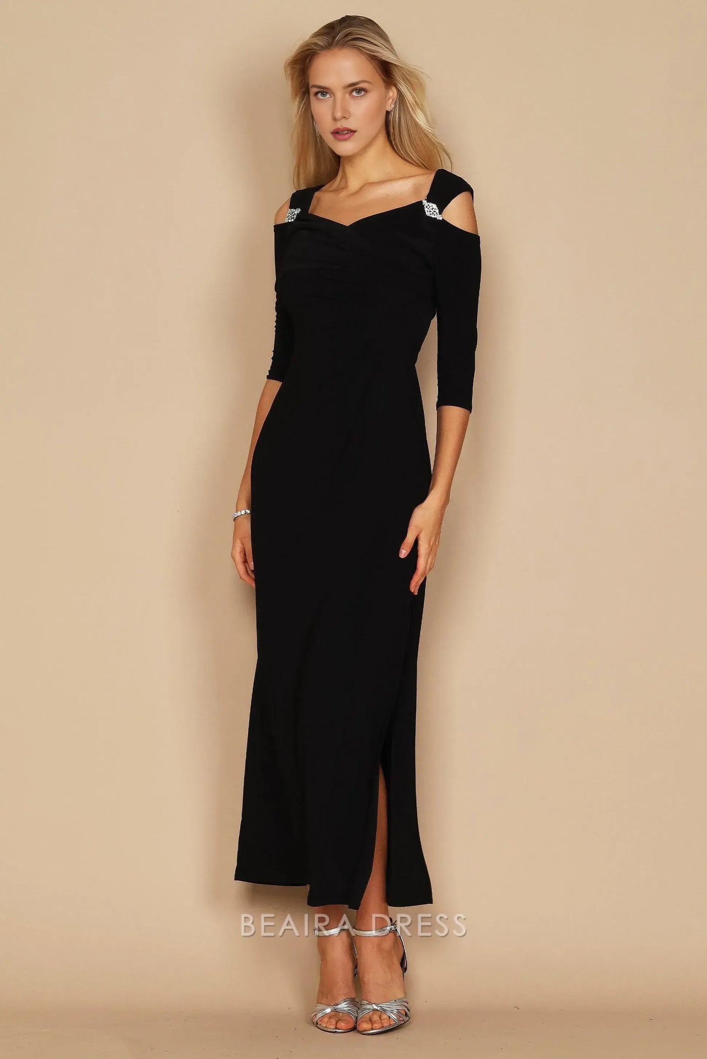 Elegant Sheath/Column Cold - Shoulder Ruched Long Sleeve Floor-Length Side Slit Prom Dress