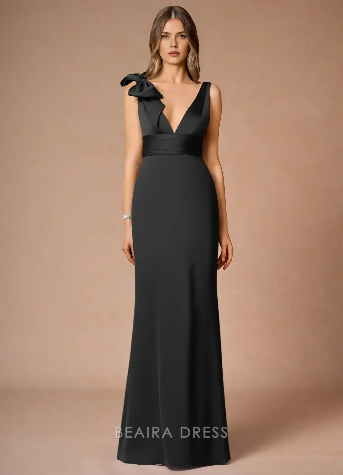 Elegant Sheath/Column Deep V - Neck Maxi Dress with Bow Detail Prom Dress