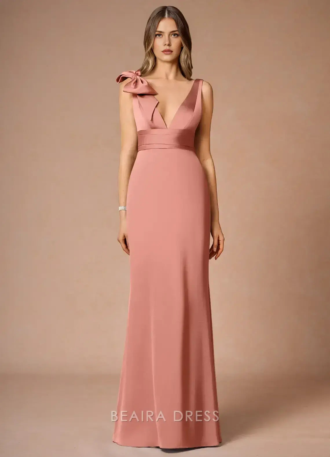 Elegant Sheath/Column Deep V - Neck Maxi Dress with Bow Detail Prom Dress
