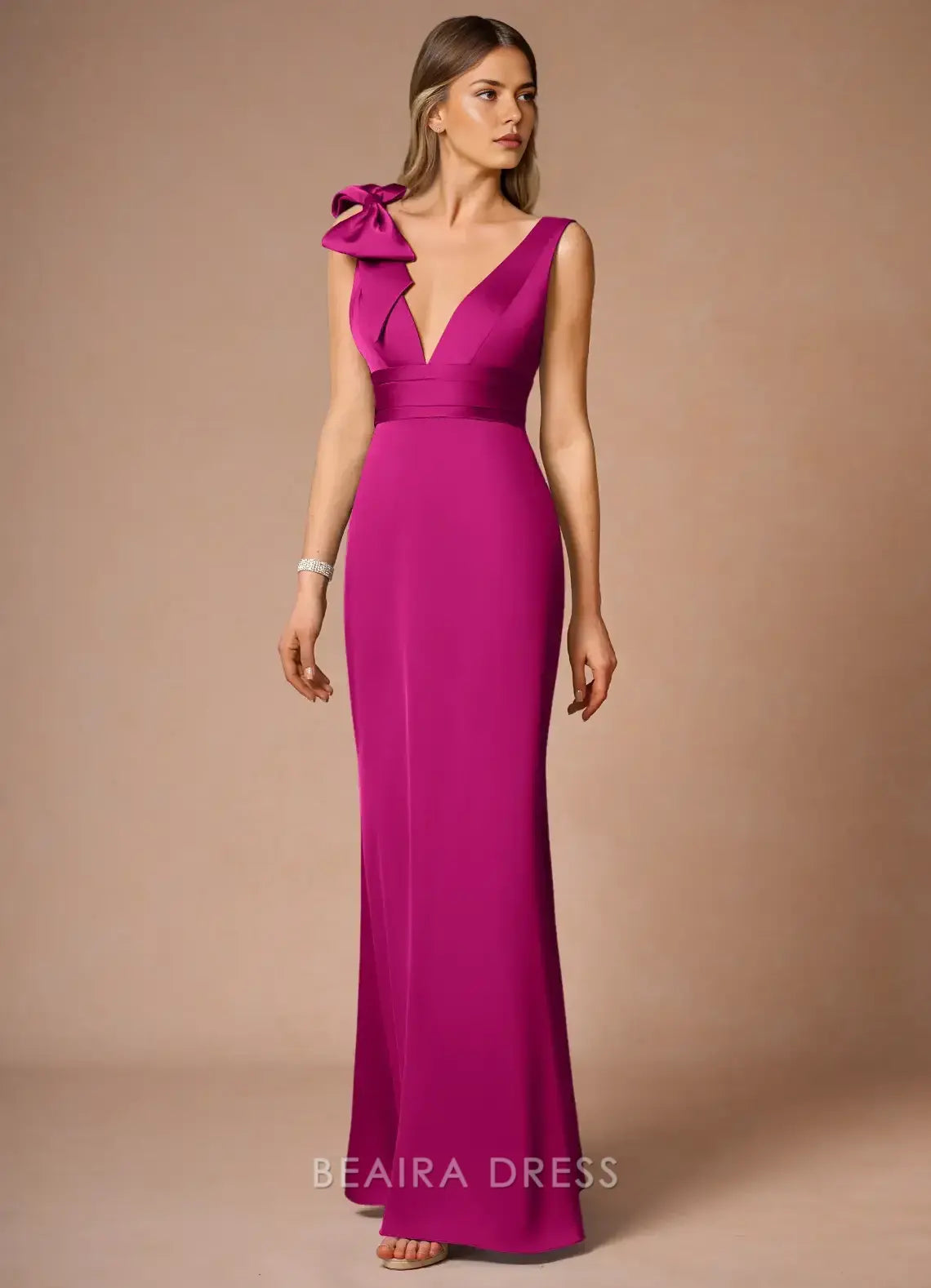 Elegant Sheath/Column Deep V - Neck Maxi Dress with Bow Detail Prom Dress