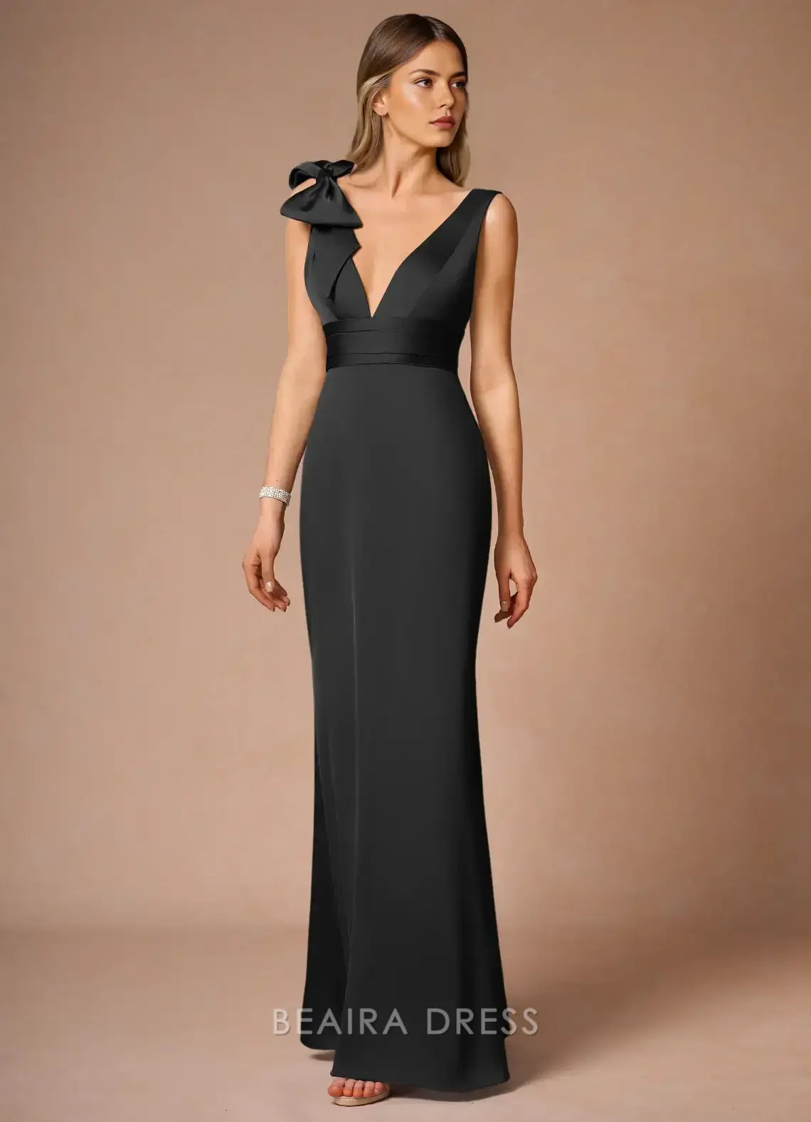 Elegant Sheath/Column Deep V - Neck Maxi Dress with Bow Detail Prom Dress